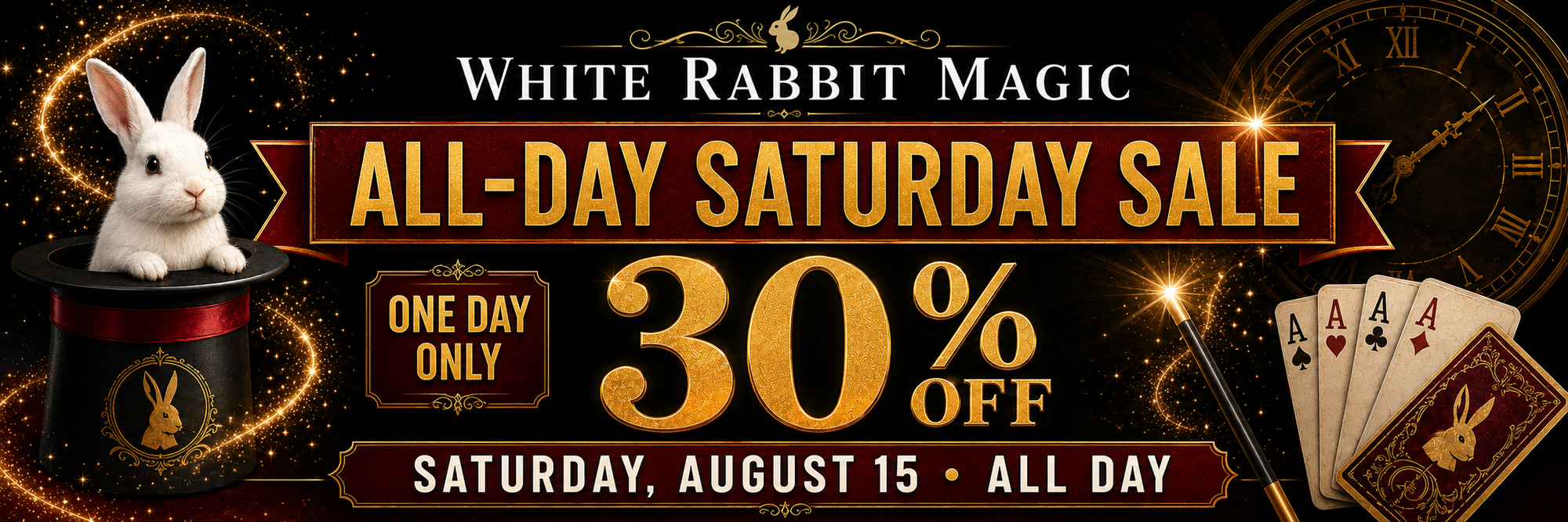 Promotional sale banner for White Rabbit Magic featuring a white rabbit in a hat, large gold '30% OFF' text, 'ALL-DAY SATURDAY SALE', date details, and magician's props on a dark decorative background.